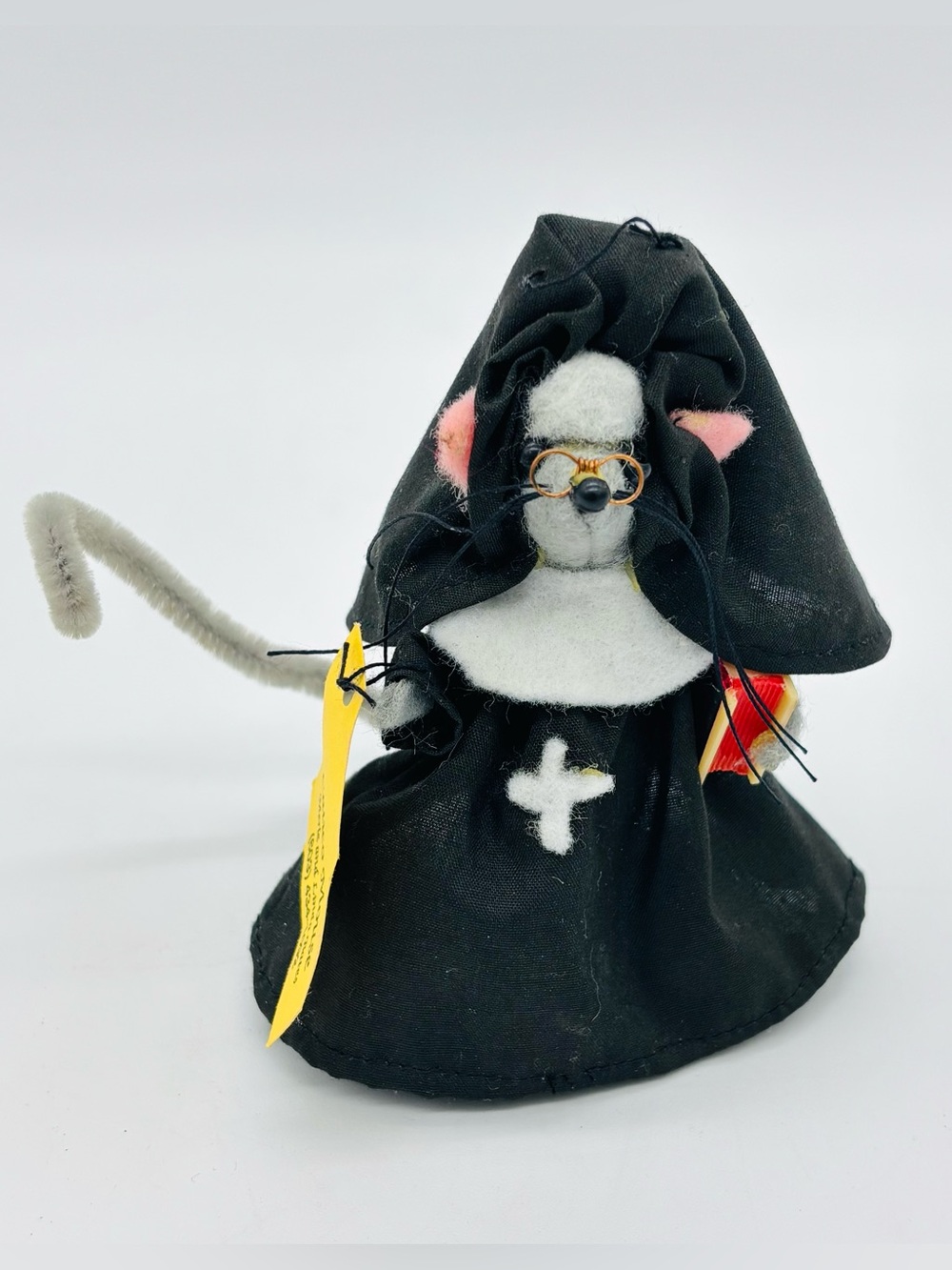 Vtg Handmade Calico Mouse Nun Figurine Felt Folk Art Miniature Cottagecore Decor